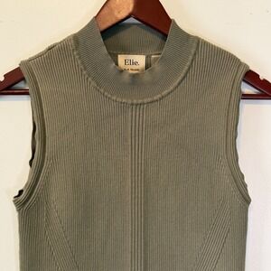 Elie Tahari Olive Ribbed Minimalist Elevated Basic Mock Neck Knit Tank Top L